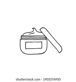 Cream in an open jar. Cosmetics. Face and body care products. Vector hand-drawn doodle illustration. Black and white outline