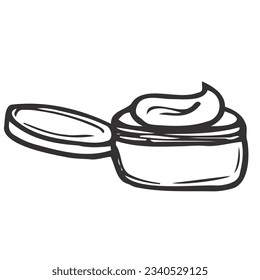 Cream in an open jar. Cosmetics. Face and body care products. Vector hand-drawn doodle illustration. Black and white outline