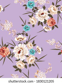 cream orange and blue vector flowers with leaves bunches pattern on violet background