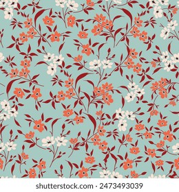 Vector floral sin costuras de color crema y naranja hojas Pequeñas patrón sobre fondo verde