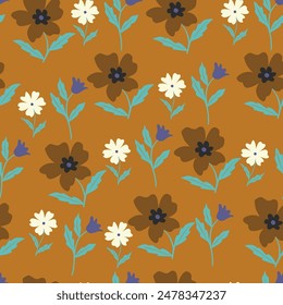 cream and orange seamless floral vector small flowers leaves pattern on green background