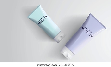  cream pastel color plastic tube mockup isolated on white background, top view. Skincare routine, above. Blank body and health care beauty product packaging