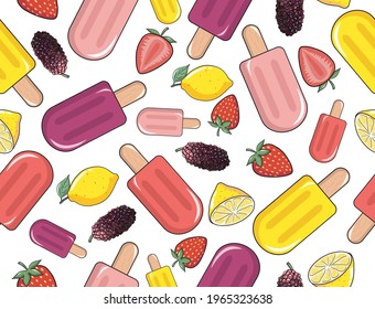 İce cream pattern. Different colors of ice cream textured pattern. Vector seamless pattern. Illustrations isolated on white background. Summer food wallpaper. Textile fabric prints, Website, Wallpaper