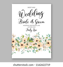 Cream peach Anemona wedding invitation card template vector floral background