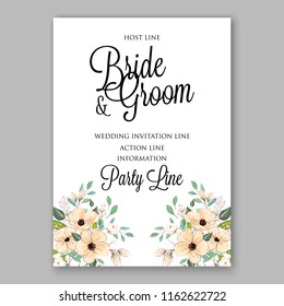 Cream peach Anemona wedding invitation card template vector floral background