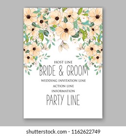 Cream peach Anemona wedding invitation card template vector floral background