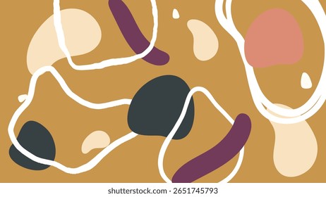 Formas de creme, pêssego, ameixa e bolha preta em uma base ocre com linhas brancas. Composição moderna vibrante, terra e divertida.