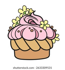 Cream pie decorated with flowers on a white background