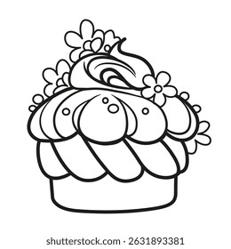 Cream pie decorated with flowers outlined for coloring page on a white background
