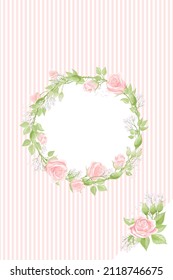Cream pink rose frame in the shape of circle, hand draw vector illustration on pink and white vertical stripes. Blank template element for postcard design or photo frame