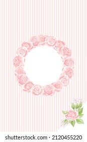 Cream pink rose frame in the shape of circle, hand draw vector illustration on pink and white vertical stripes. Blank template element for postcard design or photo frame