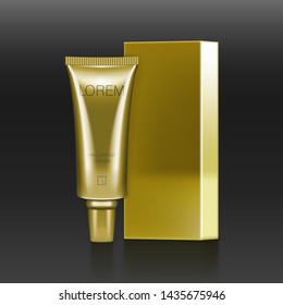 Cream Plastic Golden Tube With Cardboard Box Mockup Cosmetic Packaging. EPS10 Vector