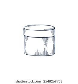 Creme em jarra de plástico desenhado à mão Vetor isolado ilustração. Modelo de esboço para design de cartão, embalagem, cosméticos, medicina, tratamento, aromaterapia, decoração de saúde. Gravando arte vetorial