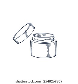 Creme em jarra de plástico desenhado à mão Vetor isolado ilustração. Modelo de esboço para design de cartão, embalagem, cosméticos, medicina, tratamento, aromaterapia, decoração de saúde. Gravando arte vetorial