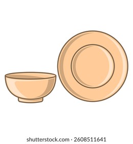 Cream Plate and Bowl Isolated on White Background – Simple Vector Illustration in EPS File Format, Tableware Icon for Kitchen, Cooking, Restaurant, and Food Design Template