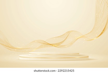 Podio crema con elegantes líneas de ondas doradas en la parte posterior para exhibición de publicidad. Presentación de productos cosméticos. Etapa o podio. ilustración vectorial	