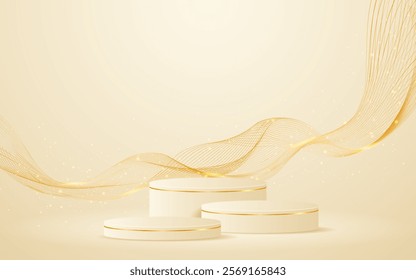 Cream podium with elegant gold wave lines on the back for advertisement display. Display of cosmetic products. Stage or podium. vector illustration	