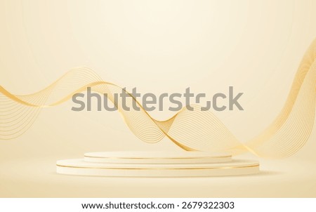 Cream podium with elegant gold wave lines on the back for advertisement display. Display of cosmetic products. Stage or podium. vector illustration	