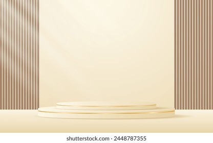 Cream podium with elegant golden lines with brown slatted backdrop for advertisement display. Display of cosmetic products. stage or podium. vector illustration	