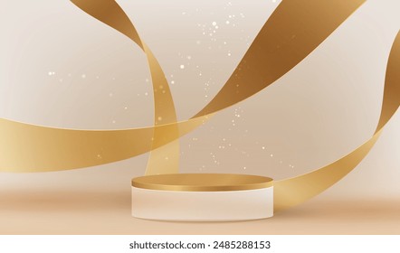 Podio de crema con pedestal de oro y fondo de cintas de oro transparente. Fondo de pared geométrico de líneas de cinta dorada. Escena ligera para los productos de la exhibición, diseño cosmético de la vitrina. Vector de estudio vacío.