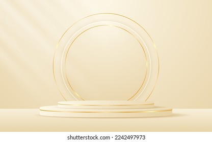 Cream podium has a cream round shape and gold lines on the back for product presentation. Cosmetic product display. vector illustration
