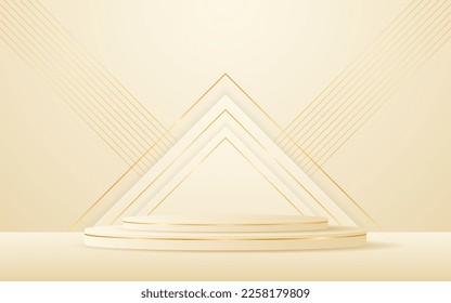 Cream podium with has a cream triangular shape and a elegant gold line on the back for product presentation. Cosmetic product display. Stage or podium. vector illustration
