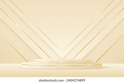 Cream podium with cream triangle with elegant gold line on the back for product presentation. Cosmetic product display. Stage or podium. vector illustration