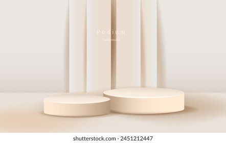Cream podium with white cylinder pedestal background. Vertical gold lines geometric wall background. Light scene for display products, stage showcase design. Vector geometry empty studio.