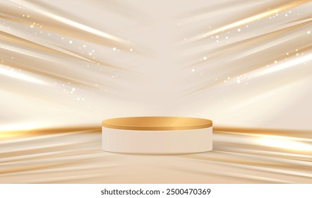 Cream podium with white and gold cylinder pedestal background. Gold podium with blurred lines geometric wall background. Scene for display products, stage design. Vector geometry empty studio.