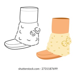 Cream pom-pom textured ankle boot women flat plus line set. Quilted surface with pom-pom trim for winter night cold. Technical fashion illustration CAD mockup mixed vector men unisex isolated style