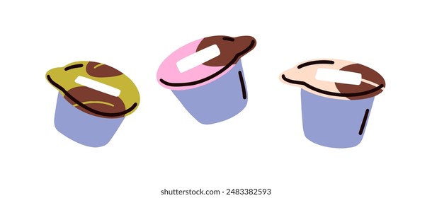 Cream, portioned packs. Yogurt containers, pudding cups, lids. Dairy milk desserts, yoghurt in individual mini plastic packages. Flat vector illustration isolated on white background