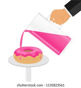 The cream pours on the biscuits. A hand with a jug with glaze watering a donut. Flat design, vector illustration, vector.