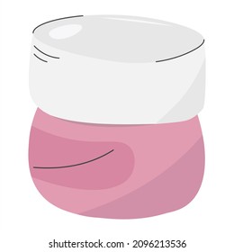 Cream or powder in a pink plastic container. Skin care product flat vector. Jar with a lid and a sticker. Mock up cosmetic packaging design. Jar with cream isolated on transparent background close up.