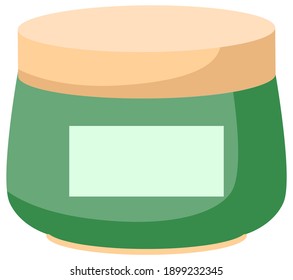 Cream or powder in plastic green container. Skin care product flat vector illustration. Jar with lid and sticker. Cosmetic crisper packaging mockup for design. Cream jar isolated on white background