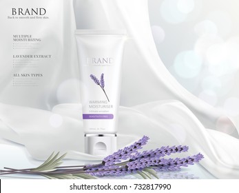 Cream product ads, white tube with dynamic satin elements isolated on bokeh background, 3d illustration