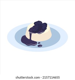 Cream pudding with blackberry and sirup. Panna cotta with berries. Flat vector illustration