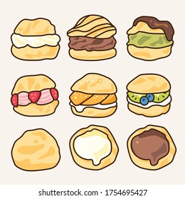 Cream puff filled with different flavors: vanilla, chocolate, green tea, strawberries, peach, kiwi and blueberry. Traditional sweet dessert choux creams design icon vector illustration flat drawing.