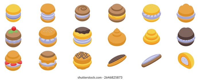  Ícones de sopro de creme definidos. Conjunto isométrico colorido de sopros de creme, macarons e eclairs mostrando massa francesa