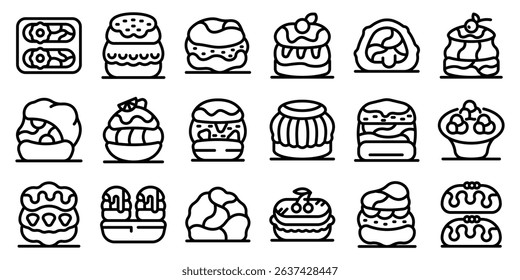 Cream puff icons set. Set of pastry icons featuring cream puffs with various toppings and fillings, perfect for bakery, dessert, and menu design projects