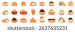  Cream puff icons set. Various cream filled pastries arranged in a neat row