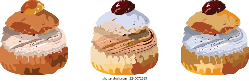 Cream puff, shu cake, a small hollow pastry typically filled with cream, hollow pastry, choux a la creme vintage illustration, scone, profiteroles with sugar decoration, cream and raisins.Holiday food