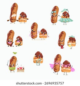 Cream puffs funny characters with glossy chocolate, hand drawn vector illustration.