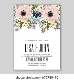 Cream ranunculus wedding invitation card hibiskus, poppy, rose, anemone floral bouquet