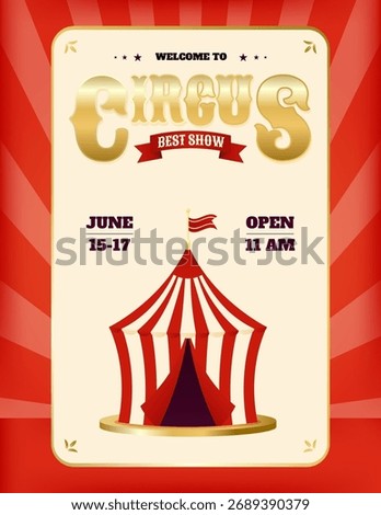Cream and red retro vertical circus poster template with playful carnival tent icon. Perfect for entry tickets, event passes or themed party materials. Vector illustration