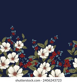 cream and red seamless vector stock flowers with green leaf border pattern on navy background