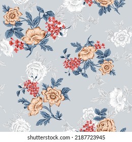 cream and red vector stock flowers with leaves bunches pattern on grey background