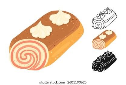 Cream Roll cake icon vector cartoon illustration. Celebration holiday sweet dessert with glaze. Cream cake roll outline silhouette, textured cartoon styles set. For bakery art design, packaging menu