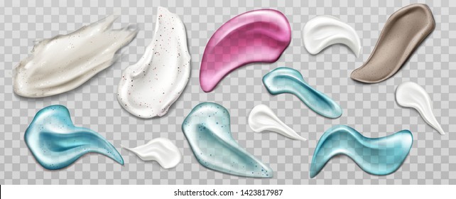 Cream, scrub or gel smears swatch set. Cosmetics beauty skin care product strokes isolated on transparent background, foundation, milk, lotion, drops texture Realistic 3d vector illustration, clip art