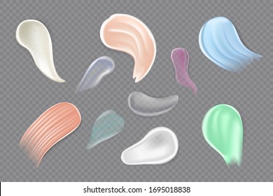 Cream, scrub or gel smears swatch set. Cosmetics beauty skin care product strokes. Isolated on transparent background, foundation, milk, lotion, drops texture. Realistic 3d style. Vector illustration.