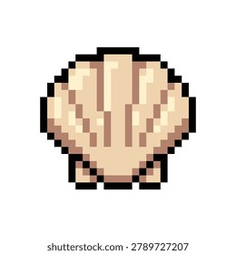 Cream sea shell scallop in retro 8 bit pixel art style vector illustration isolated on white background.